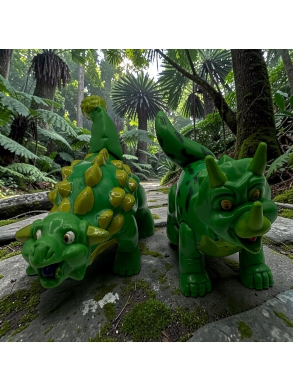 Green Dinosaur Figurine Set Triceratops & Ankylosaurus Plastic Toys For Kids